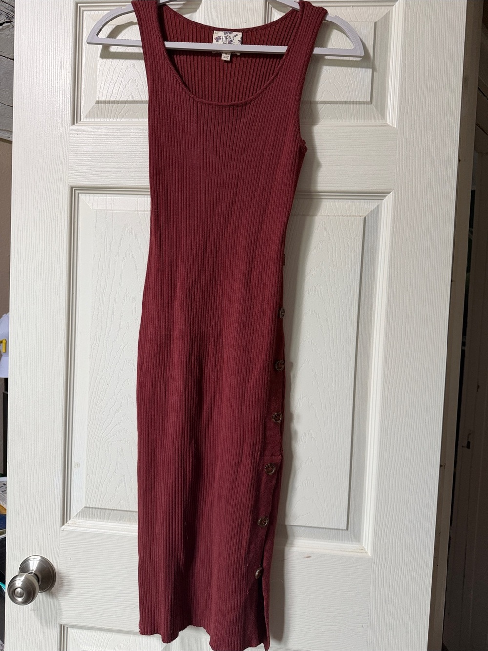 Sleeveless Ribbed Side-Button Midi Dress in Burgundy